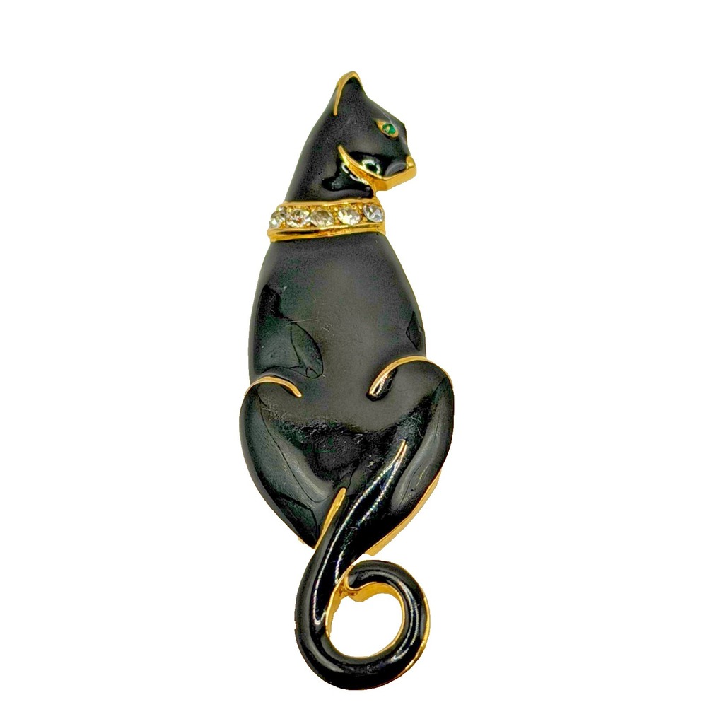 Vintage Trifari Black Cat Brooch Pin Glossy Enamel Green Rhinestone Eye Large 3"